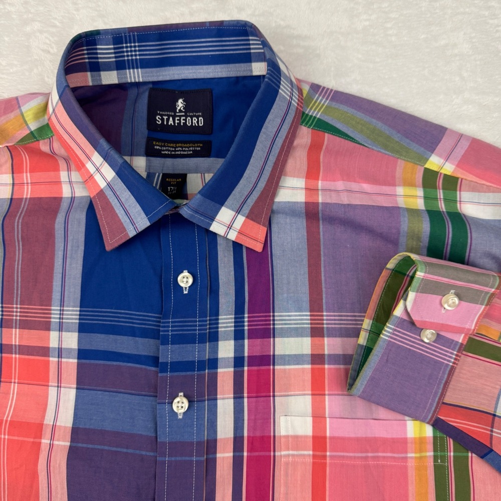 Stafford Mens Plaid Button Front Shirt 17.5 34-35 Regular Fit Multi Color Madras